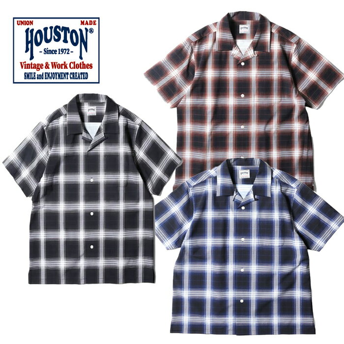 Rakuten - HOUSTON 41314 VENT NYLON RIP OPEN COLLAR SHIRT(OMBRE CHECK)【ヒューストン ヴェントナイロンリップオープンカラー半袖シャツ】メンズ ミリタリー アウトドア カジュアル チェックシャツ オンブレシャツ デイリーユース 普段使い 半袖 スクエアカット