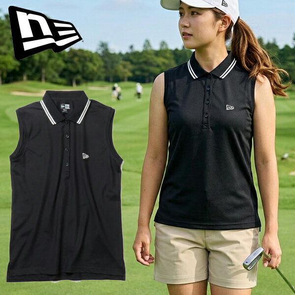 Rakuten - 2026春夏新作 ネコポス発送！ゴルフウェア ノースリーブ ポロシャツ ニューエラ NEW ERA GFW SLEEVELESS POLO レディース Tシャツ UVカット 抗菌加工 ブラック 黒 14859884
