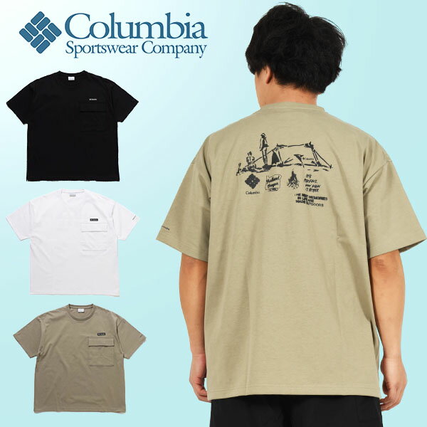 送料無料 守矢努 コラボ コロンビア 半袖Tシャツ オーバーサイズ Columbia メンズ Forest Camp Lovers SS Tee 胸ポケット ロゴTシャツ 丸首 クルーネック 半袖 バックプリント アウトドア キャンプ 登山 トレッキング PM0823 2023春夏新作 【あす楽対応】