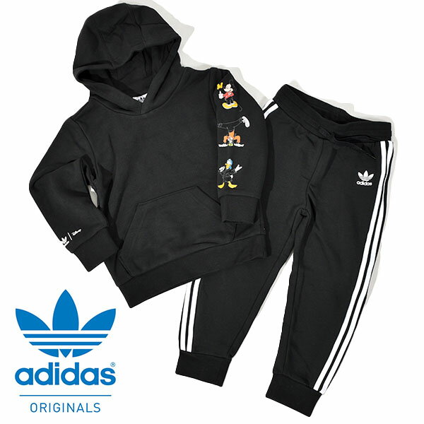 送料無料 アディダス キッズ ベビー スウェット パーカー 上下セット adidas HOODIE SET Disney ディズニー 裏毛 プルオーバー フーディ トレーナー 子供服 上下組 セットアップ 3本ライン ORIGINALS オリジナルス 2021秋新作 JJV45
