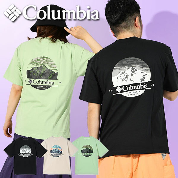 ゆうパケット対応可能！ コロンビア 半袖Tシャツ Columbia メンズ レディース ブラックビュート グラフィックTシャツ 綿100% 丸首 クルーネック バックプリント 半袖 Tシャツ アウトドア キャンプ 登山 トレッキング AE3428 2024春夏新作