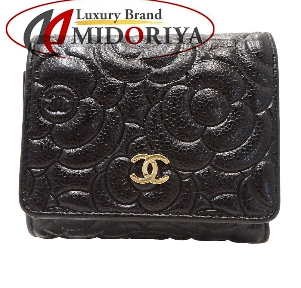 【3千円OFFクーポン】シャネルCHANELコンパクト財布三つ折りカメリアキャビアスキンブラックAP0710/049785【中古】