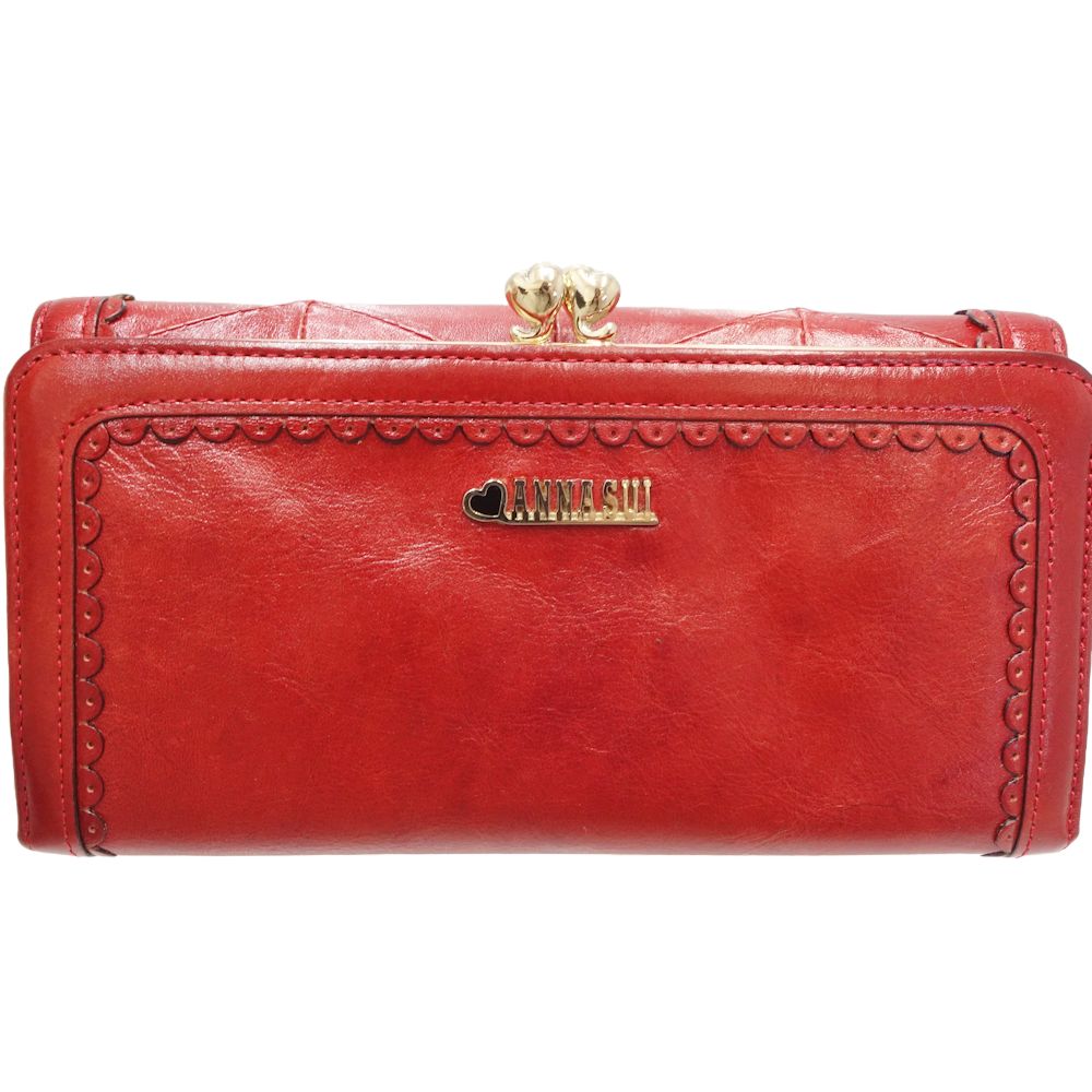 ANNA SUI アナスイ がま口 ロングフラップウォレット 長財布 レザー レッド/180239【中古】
