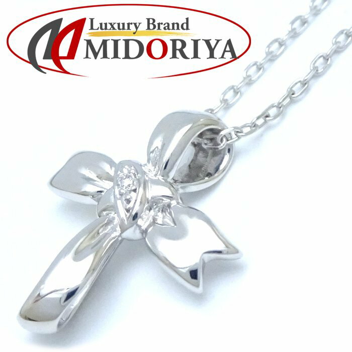 MIKIMOTO ミキモト リボンクロス ネックレス ダイヤモンド0.01ct K18WG ホワイトゴールド /291553【中古】【BJ】