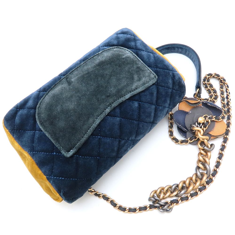CHANEL シャネル カメリア フラワー チェーンショルダーバッグ 2018 Paris-Cosmopolite ベロア ネイビー マスタード レディース /352848【中古】