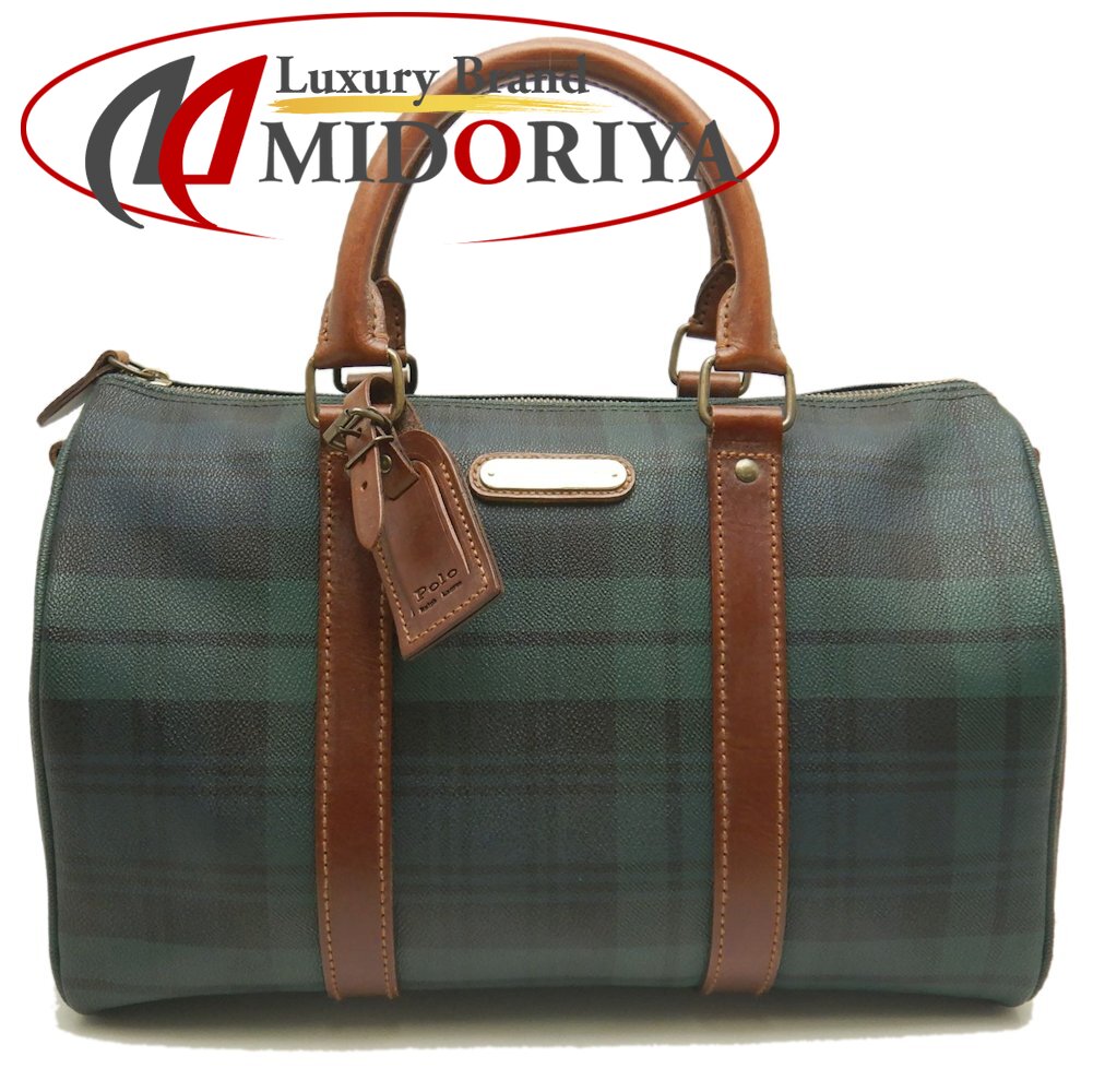 POLO RALPH LAUREN ポロ ラルフローレン ミニボストンバッグ PVCコーティングキャンバスxレザー グリーン ブラウン レディース /253324【中古】