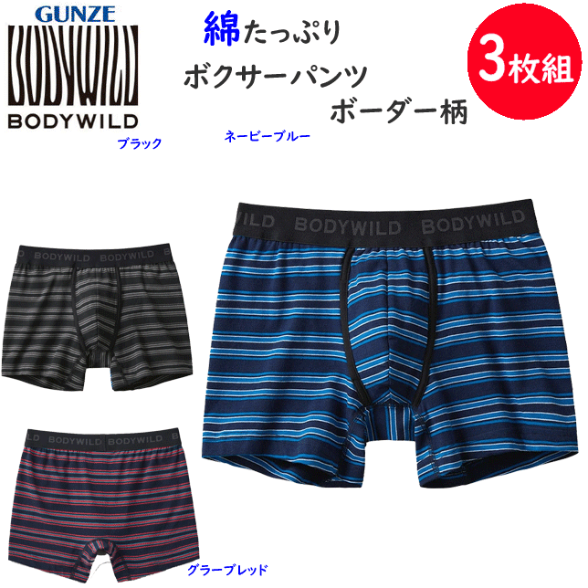 3枚組 まとめ買い グンゼ ボディーワイルド ボクサーブリーフ 前あき ボーダー柄 綿混素材 無地 シンプル GUNZE BODY WILD メンズ 下着 紳士 肌着 ボクサーパンツ シンプル ボクサー パンツ 父の日 プレゼント BWB004D 定番 楽天 通販 送料込み