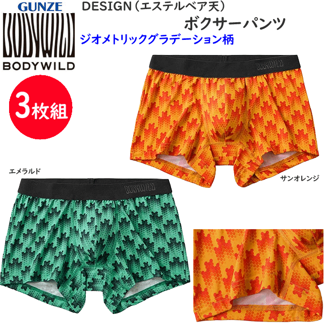 Rakuten - 3枚組 まとめ買い グンゼ ボクサーパンツDESIGN エステルベア天 ジオメトリックグラデーション柄 前とじ 吸汗速乾 ドライ メンズ GUNZE BODY WILD 下着 紳士 肌着 ボクサー シンプル ボクサー 父の日 プレゼント ギフト BWG197A 楽天 通販 送料込み