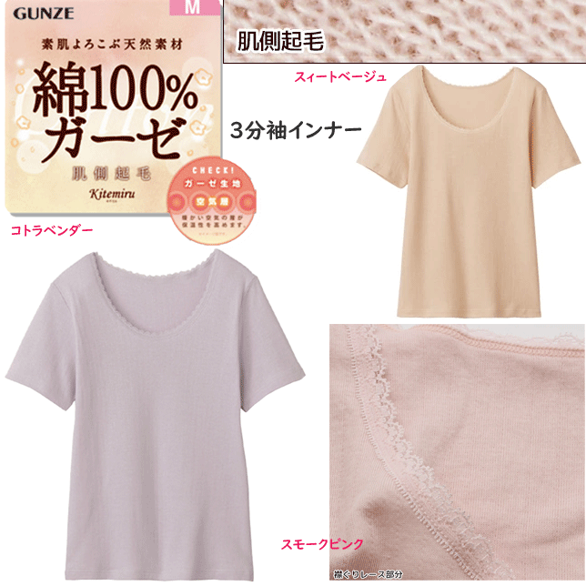 メール便発送 グンゼ kitemiru 綿100％ 肌側起毛 ガーゼ 3分袖 インナー レディース 素肌よろこぶ天然素材 GUNZE 肌着 インナー 下着 MF9350A 定番 母の日 敬老の日 プレゼント ギフト 女性 楽天 通販 メール便送料込み