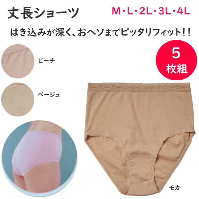 樂天商城 - 5枚組 まとめ買い レディース ショーツ 丈長ショーツ 綿混 はき込みが深く おヘソまでピッタリフィット 大きなパンツ 大きなショーツ M L 2L 3L 4L ベージュ ピーチ 母の日 敬老の日 パンツ 肌着 下着 楽天 通販 送料込み