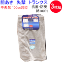 3枚組 まとめ買い 失禁 介護 西川合繊 メンズ 失禁パンツ 100cc対応 トランクス 中失禁用 綿100% コットン 日本製 消臭 抗菌 吸水 インナー 紳...