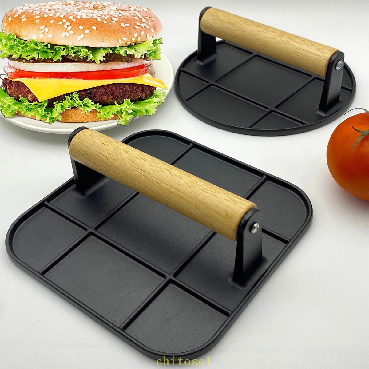 調理器具 鋳鉄ミ一トブレス 鋳鉄製 丸型 アウトドア キャンプ用具 ハンバーグプレス 無コーティング 厚底 溝付き 鉄板焼きツール 木製取手 耐熱 焼肉用プレス 肉押し板 プレス機 バーベキュー用 phoebehou-10035359 フィービー サンプル画像2