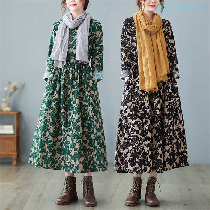 購入2点で5%OFF シャツワンピース 体型カバー レディース ワンピース ロングワンピース ゆったり シンプル おしゃれ 大きいサイズ 可愛い 通勤 秋 冬 ロング ワンピ 花柄 phoebehou 長袖 ロング丈 綿麻調 ロングワンピ カジュアル