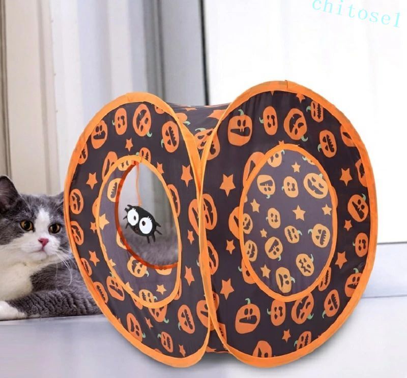 Rakuten - 購入2点で5%OFF 猫用おもちゃ 猫のおもちゃ おもちゃ 折りたたみ式 省スペース トンネル ハロウィーンデザイン 玩具 ポンポン付き キャットトンネル キューブルーム ストレス発散 運動不足 対策 人気 ペット用品 犬 猫 phoebehou