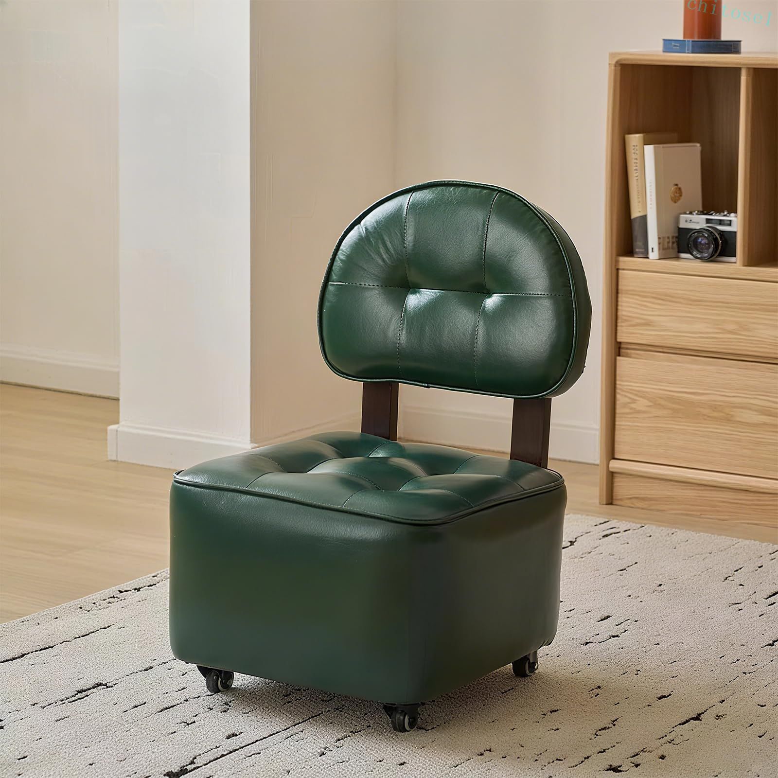 Rakuten - 購入2点で5%OFF ロースツール 背もたれ オフィスチェア PUレザー ワークチェア 360°回転椅子 作業椅子 おしゃれ phoebehou 座面直径30cm ブラウン キャスター付き 低い 人間工学 耐久 オフィススツール オフィス リビングルーム