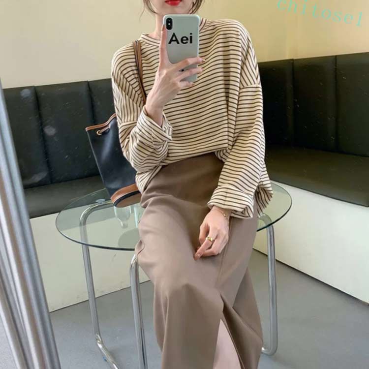 ボーダーロングシャツ レディース ゆったり シンプル ロング ルームウエア 可愛い 韓国ファッション ネック カットソー 20代 ボーダー 長袖 プルオーバー 春 ス 秋 ストラップ インナー phoebehou-10047706 フィービー サンプル画像2