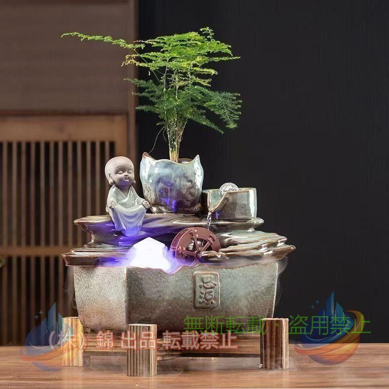 ご注意：本製品は販売時にグリーン植物と土は付属しておらず、画像は商品の表示のみです。グリーン植物と土はお客様ご自身でご用意いただく必要があります。 オフィスのインテリアアクセサリーの水の噴水加湿器の小型の金魚鉢の水輪の置物水と癒しの空間づくりインテリア噴水屋内デスクの噴水滝