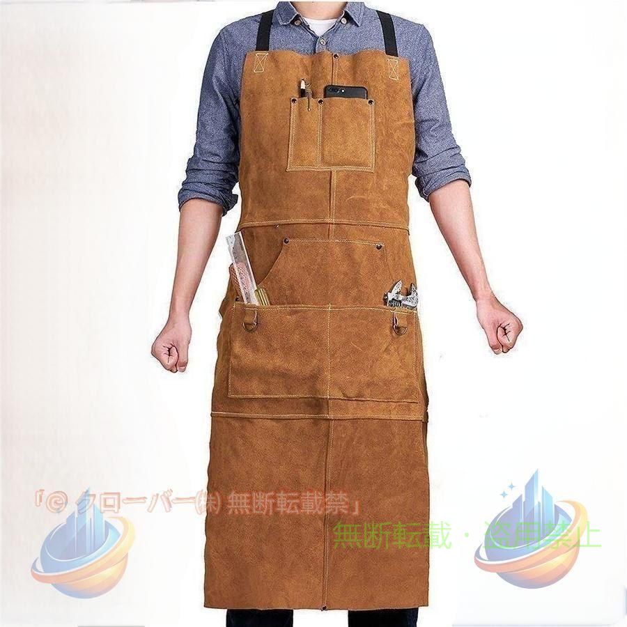 メイン素材: 100% レザー 【製品仕様】材質：100％牛革。 厚さ：約2mm。 【保護力抜群】耐熱性と防炎性を兼ね備えた良質なで細工された溶接用エプロンは膝までカバーできる長さで、仕事時は全方位的に熱い火花などの危険から守れます。 【優れた耐久性】作業エプロンは上質なレザーで仕上がり、耐摩耗、防炎や飛沫防止などを備えるだけなく、縫製も丈夫で耐熱性に優れたアメリカ製のケブラー糸を採用し、耐久性をワンランクアップできます。このワークエプロンをお手に入れて、長持ちできます。 【便利なポケット付き】このエプロンには6つのポケットがあり、ツールを分類して収納できるのはもちろん、携帯電話と鉛筆を置くポケットも用意し、とても使い勝手が良いシンプルエプロンです。 【幅広く利用可能】溶接用エプロンとして使えるだけでなく、木工労働者、工房、ガレージ、機械工、旋盤作業、タトゥーアーティスト、理髪店、バーテンダー、金属工事、金属メス、鍛冶屋、ガンスミス、工芸品、 醸造所、画家、美術教師、木工用具、庭師などご用途に合わせて様々なシーンに大活躍します。