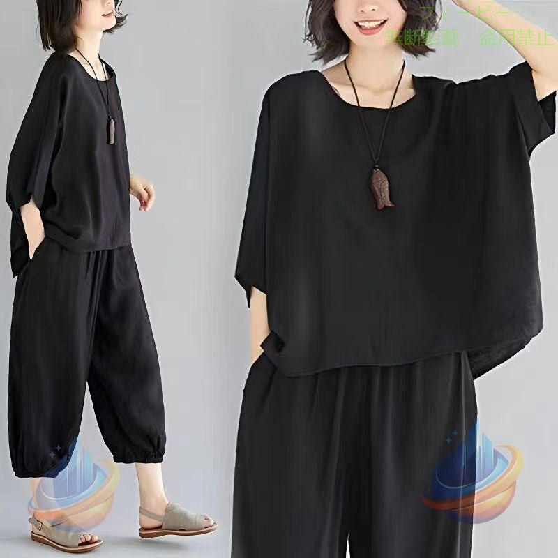 Rakuten - セットアップ レディース 夏 40代 ロング丈 半袖 Tシャツワンピースゾンチー上下セット 通勤 30代 着痩せ 着回し 体型カバー カジュアル 快適 季節感 お出かけ