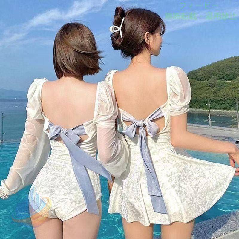 Rakuten - 水着 レディース 体型カバー 水着ワンピース型 白レース リボンゾンチーサロペット水着 半袖 長袖 モノキニビキニ 小胸バンドゥオシャレ韓国風 可愛い 着回し