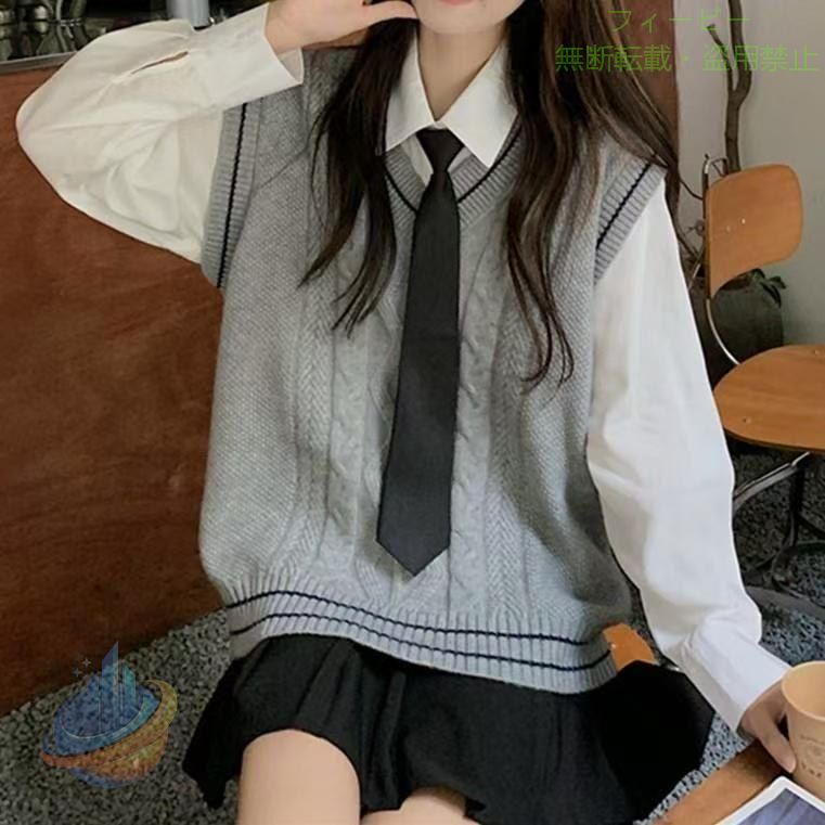 乐天商城 - ニットベスト スクール ベスト 制服 Vネック ライン入り ケーブル編みゾンチーコットン 女子高生 入学 通学 女子 中校生 高校生 学生服 着回し 体型カバー