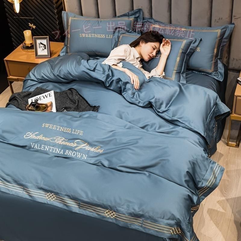 【期間限定800円OFFクーポン】布団カバー セミダブル ダブル 4点セット ベッドカバー フラットシーツ ボックスシーツゾンチー洗える シンプル 無地 模造シルク 夏用 寝具 刺繍 掛布団カバー [2]