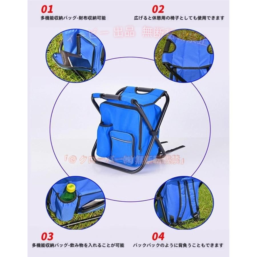 商品カラー A/B/C/D サイズ 椅子として使用時 31cm×28cm×42cm （幅×奥行×高さ） 重さ 1.4kg 仕様 ?ポケットに反射板が付いています。 ?完全防水ではございません。 素材 ?本体：ポリエステル（PVCコーティング） ?フレーム：ステンレス 耐荷重 ?椅子として：150kg