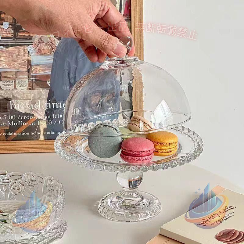 ガラスケーキドーム 脚付き皿 製菓 ガラスコンポート 蓋つき ガラスプレート ガラス フルーツ皿 脚付きプレート デザート皿 盛り付け皿 ホールケー