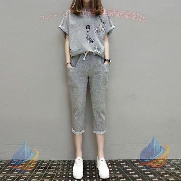 【期間限定5％OFFクーポン】スウェット レディース 上下 Tシャツ 半袖 スウェットパンツ 7分丈ゾンチー パンツ ポケ付き 部屋着 スリム 人気 大きいサイズ 通勤 通学 おしゃれ 大人