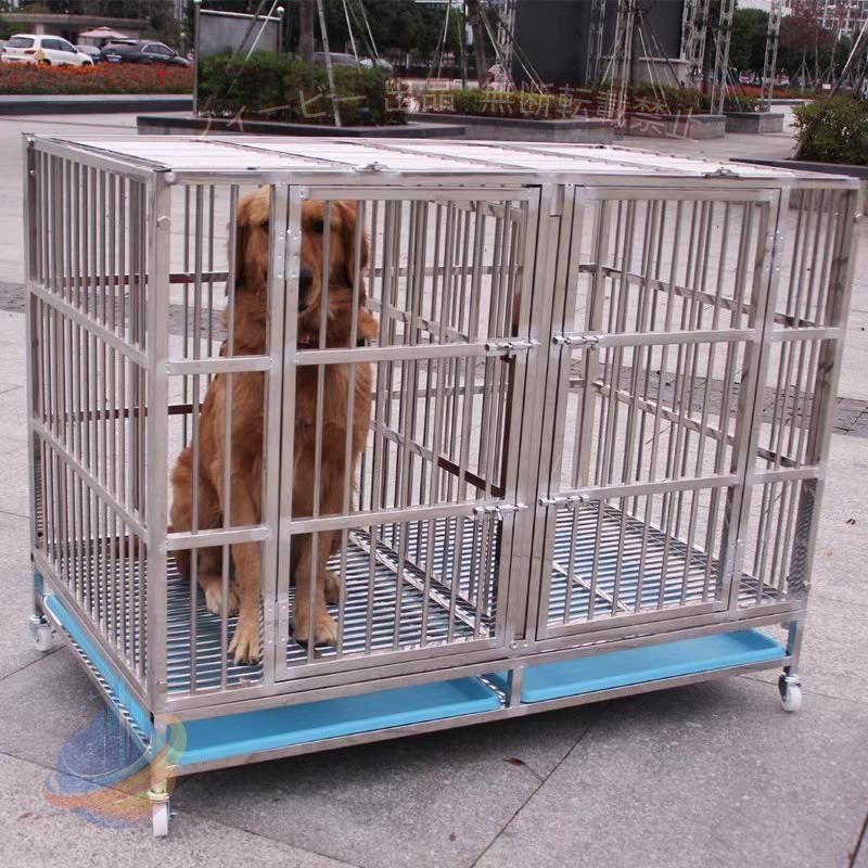 犬小屋 犬用ケージ ブレーキ付ヘビーデューティメタル犬小屋ペットケージステンレススチール製の大型クレートガーデントレーニングダブルドアの安全ロックグリッ