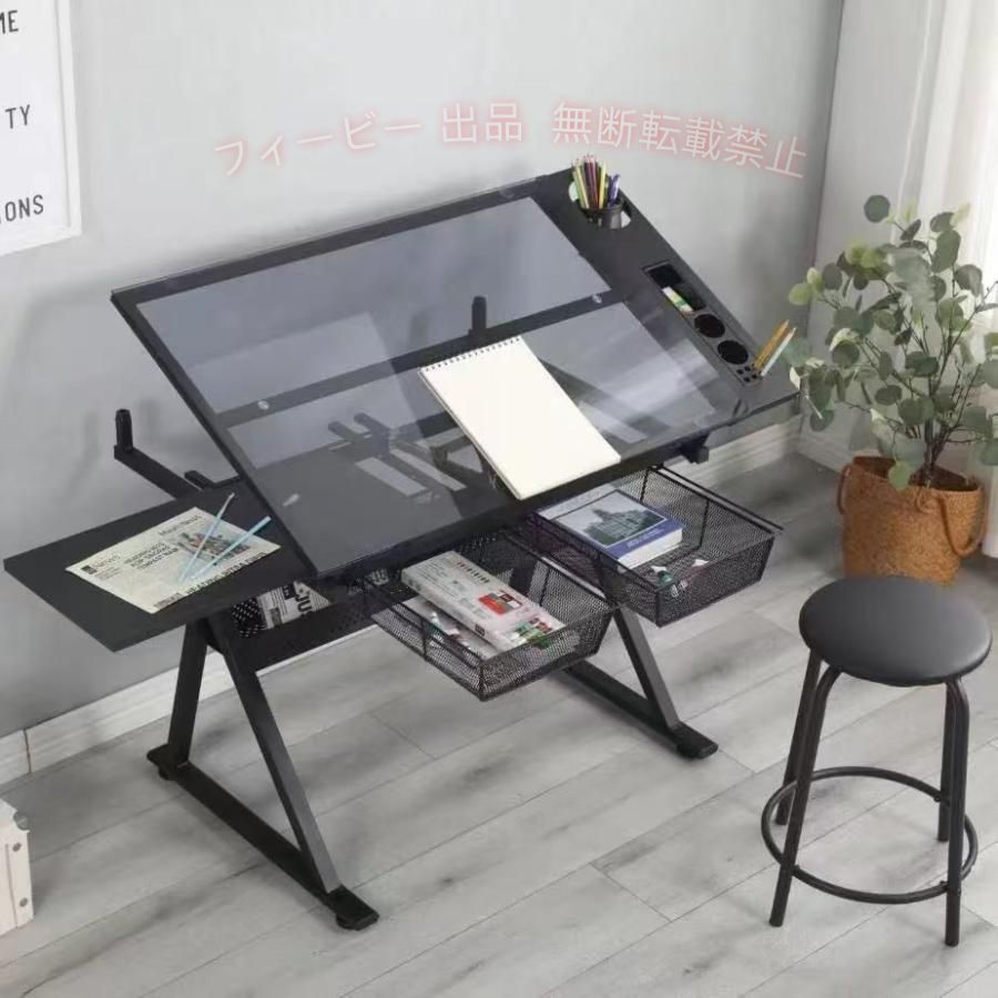 [全体寸法]：96 * 60 * 91センチメートル/ 37.8 * 23.6 * 35.9インチ [素材]：ブナ/竹/ガラス卓上＆パウダーコーティングスチールフレーム。 [簡単な角度制御]アーティストテーブルは、0~80°の角度範囲で傾斜させることができます。それはあなたの芸術の利益のためにあなたのラップトップのタスクのために定期的に平らなテーブルやプロの製図テーブルとして動作することができます。100％テストさ調整システムは、それが簡単にあなたがあなたの意志で角度を制御できるようになります。 [オールインワンストレージオプション]：描画の表は、アート/事務用品の保管に必要なすべてを持っています。異なる固定アイテムのための別個のスロットを備え、簡単にきれいな取り外し可能な卓上側トレイ。
