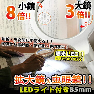 【送料無料】ハンド ルーペ 拡大鏡 コンパクト 虫眼鏡 天眼鏡 LEDライト付き 倍率8倍 3倍 超軽量 クッキリ ストレスフリー ガラスレンズ ルーペ専用ポーチ クロス 長期保証書 3点セット 携帯 読書 新聞 地図/ハンドルーペA