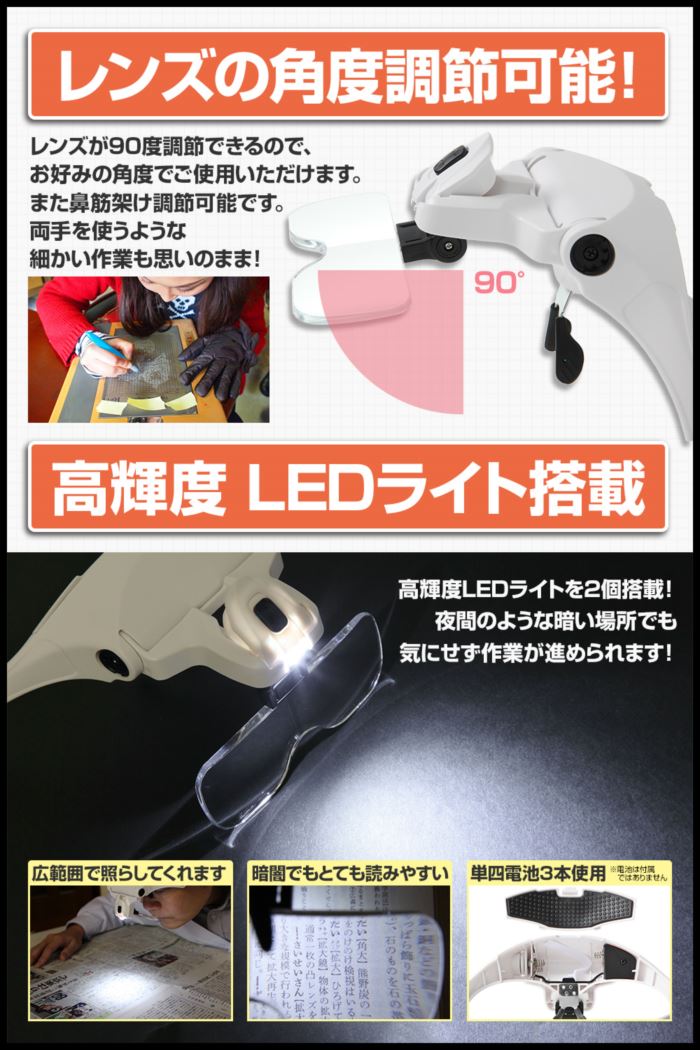 【送料無料】【ポイント5倍】LEDライト付きメガネ型ルーペ倍率レンズ5枚搭載1倍1.5倍2倍2.5倍3.5倍高輝度LED搭載メガネタイプ調節可能なヘッドバンド付属軽量アクリル製レンズ読書・工作・手芸にも保証書付き/めがねルーペD