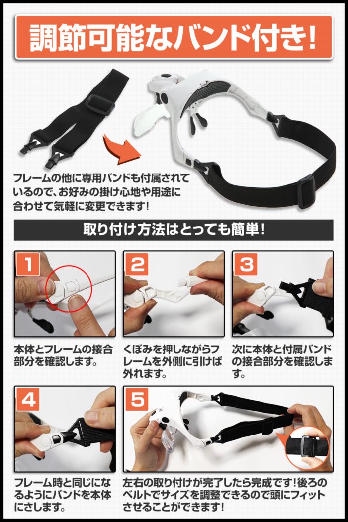 【送料無料】【ポイント5倍】LEDライト付きメガネ型ルーペ倍率レンズ5枚搭載1倍1.5倍2倍2.5倍3.5倍高輝度LED搭載メガネタイプ調節可能なヘッドバンド付属軽量アクリル製レンズ読書・工作・手芸にも保証書付き/めがねルーペD