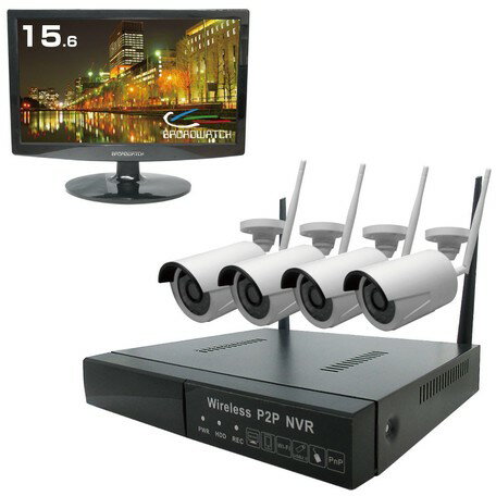 Wi-Fi防犯カメラ4台・レコーダー（HD2TB付）・モニターセット業務用レベルの本格的防犯カメラシステムがお手頃に設置できる便利なセットパック電源コードの配線のみ確保すれば映像はワイヤレス対応でLAN接続しなくてもOK