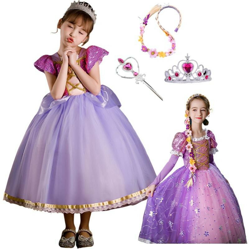 キッズ服 コスプレ ラプンツェル ドレス 4点セット 塔上 ドレス ティアラ ステッキ 子供 衣装 ハロウィン クリスマス ワンピース プリンセス プレゼント