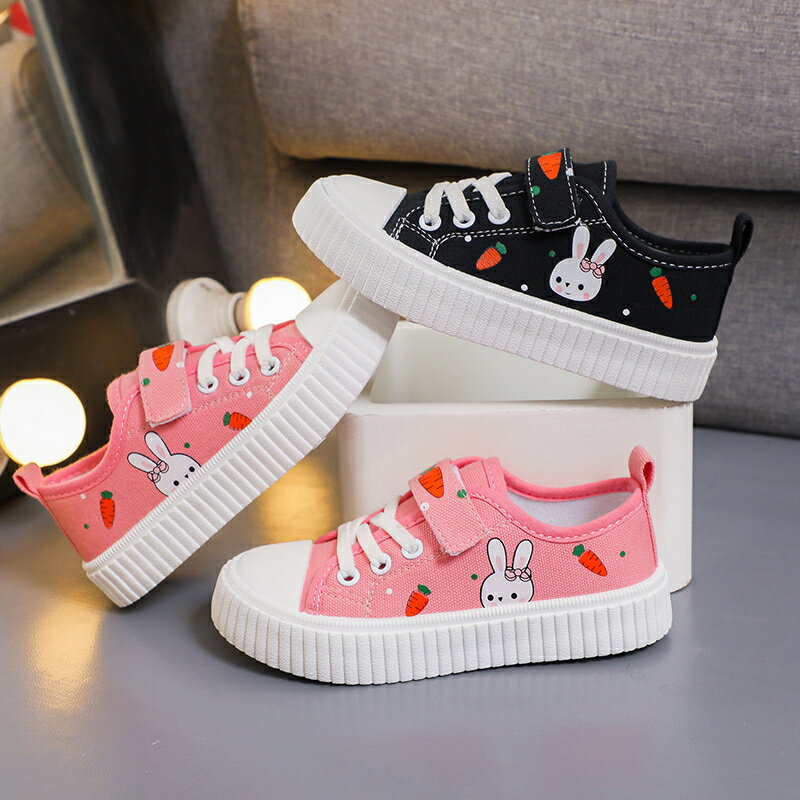 女の子幼児ロートップキャンバススニーカーウサギニンジンプリントフックループピンク愛らしい快適な通気性日常