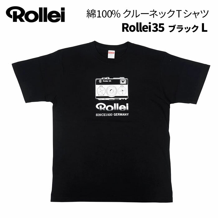 【ポイント10倍】Rollei Tシャツ Rollei35 ブラック L　（Rollei Tシャツ Rollei35 L カメラ柄 ブラック 黒 半袖 クルーネック 肉厚生地 綿100% 男女兼用 ユニセックス メンズ レディース）