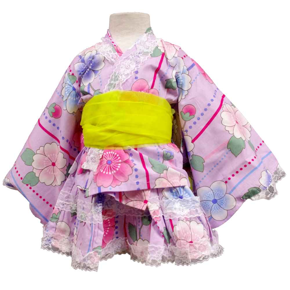 【yukata_d19】【メール便 送料無料】浴衣 女の子 キッズ 花柄レース付 ドレス帯付 ...