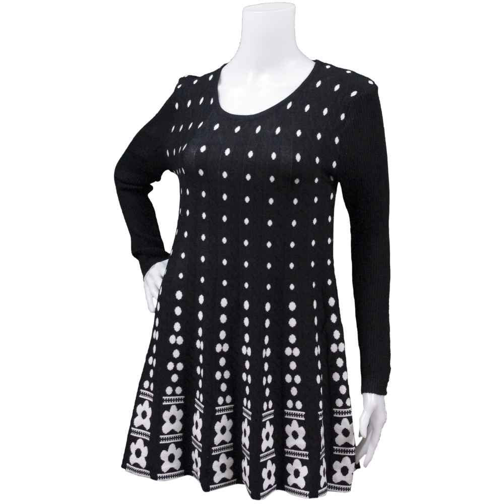 レディース トップス長袖[Donna Wardrade]フレアスカートニットワンピース 花・ドット柄 女性用・婦人用