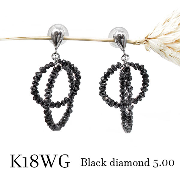 k18wg ブラックダイヤモンド 5cts サークル ピアス 漆黒 カット キラキラ スタッド メンズ レディース 4月誕生石 誕生日 記念日 ご褒美 お祝い バースデー ギフト プレゼント 18金 ホワイトゴールド 円 丸 フープ ダブル リング クリスマス 母の日