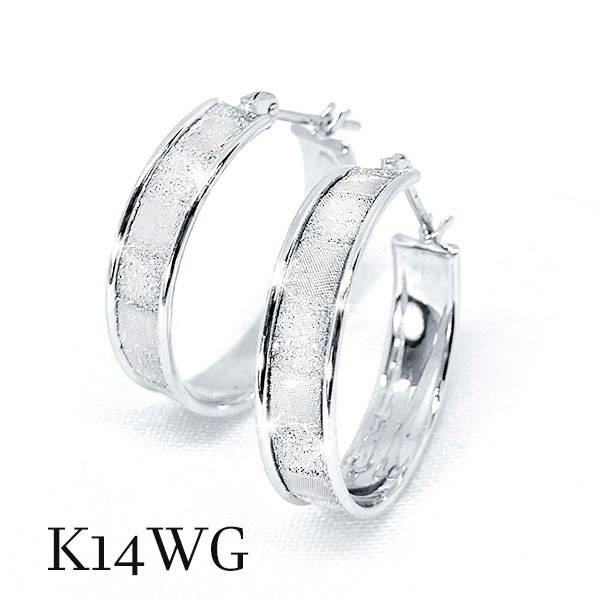 Rakuten - k14wg フープピアス 大きめ 5×22mm キラキラ加工 地金 マット 14金ホワイトゴールド シンプル 大振り レディース メンズ ギフト シルバーカラー 銀色 ご褒美 プレゼント クリスマス ホワイトデー 母の日 ジュエリー 幅広 メタル 両耳 円 丸