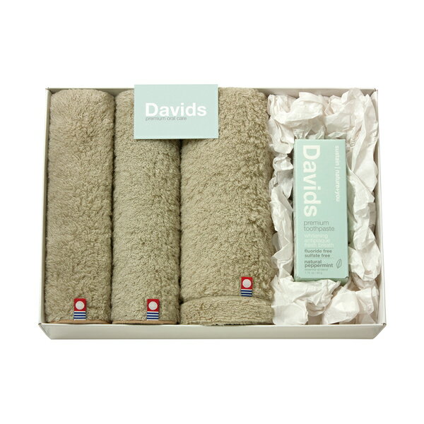 内容歯磨き粉50g（ペパーミント）、フェイスタオル（約34×60cm）、タオルハンカチ2P（約25×25cm） 箱サイズ幅30×奥行22×高さ7.5cm 重量430g 材質綿100％ 注意事項 ※不良品以外の返品は不可とさせていただきます。 ＞＞ご返品についてはこちら 様々なギフトアイテムをご用意しています。 【内祝い お返し】結婚 婚礼（引き出物 引出物） 結婚内祝い 出産内祝い 快気祝い 快気内祝い 全快祝い 新築祝い 新築内祝い 就職祝い 就職内祝い 退職祝い 成人祝い 成人内祝い 入学祝い 入学内祝い 入園祝い 入園内祝い 卒園祝い 卒園内祝い 卒業祝い 卒業内祝い 初節句内祝い 節句内祝い 七五三祝い 七五三内祝い 敬老祝い等 【法事引き出物】香典返し 満中陰志 一周忌 三回忌 七回忌等 【プレゼント 贈答 粗品】父の日 母の日 お誕生日祝い クリスマス バレンタイン 初老祝い 還暦祝い 古稀祝い 喜寿祝い 傘寿祝い 米寿祝い 卒寿祝い 白寿祝い 長寿祝い 退職祝い 退職記念 お中元 お歳暮 ゴルフコンペ 新年挨拶 転居挨拶 新年会 忘年会 二次会 ビンゴ等の商品 記念品 ノベルティー キャンペーンDavids〈ペパーミント〉 歯磨き粉とフェイスタオル1P・タオルハンカチ2P【デイヴィッズホワイトニングトゥースペースト】天然原料をベースとし、自然な甘さと爽やかな天然ミントフレーバーのホワイトニング歯磨き粉。ブラッシングにより「歯を白くする・歯垢を除去する・歯石の沈着を防ぐ・口臭を防ぐ」効果が期待できます。電動歯ブラシでも使えます。デイヴィッズで特に人気の高い「ペーパーミント」と「チャコール」を、ふわふわでおしゃれなグレーの今治タオルとオーガニックコットンのタオルと合わせてギフトセットにしました。シンプルでデザイン性のあるチューブはバスルームに置くだけでおしゃれで気分が上がる贈り物です。