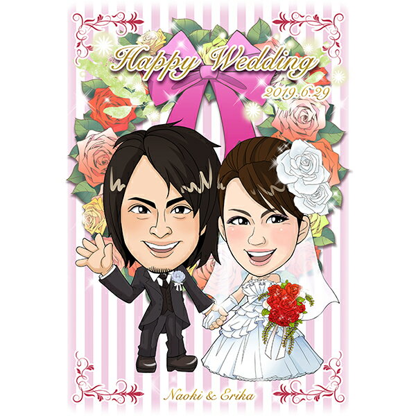 CG似顔絵ウェルカムボード2nd ローズリース（ピンク）プレゼント 結婚式 ギフト お祝い 披露宴 ウェディング ウエルカムスペース バラ リボン 上品 大人スウィート