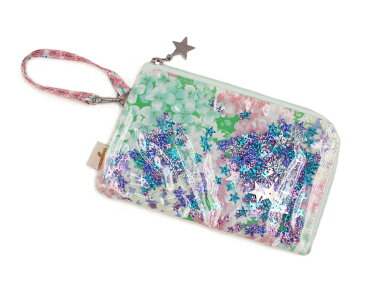 【fafa/フェフェ　財布】LAINIE (mobile wallet)グリーンマルチフラワー/星スパンコール入りビニールコート/ストラップ付き◆メール便発送可能◆