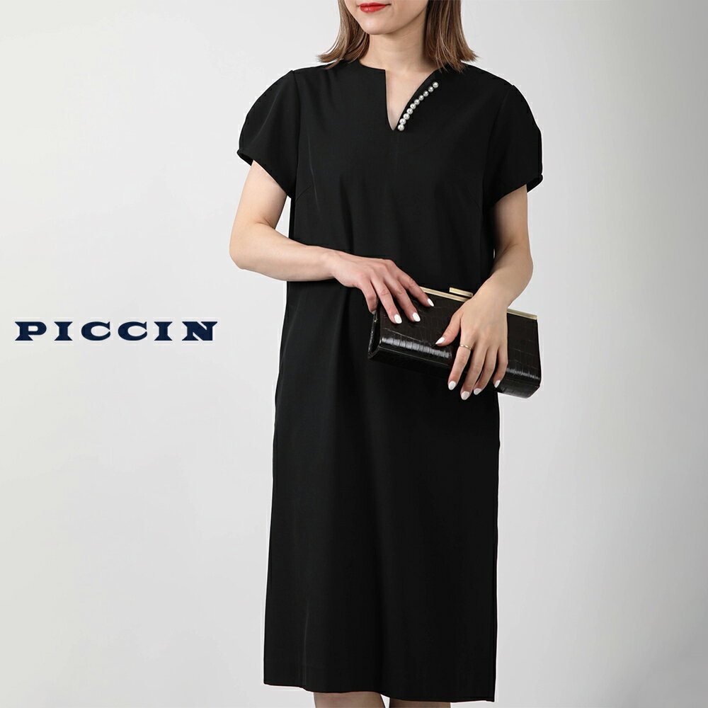 PICCIN キーネックパールワンピース パール ワンピース レディース キーネック 半袖 きれいめ 後ろスリット 無地 ミディ丈 ベージュ ブ..