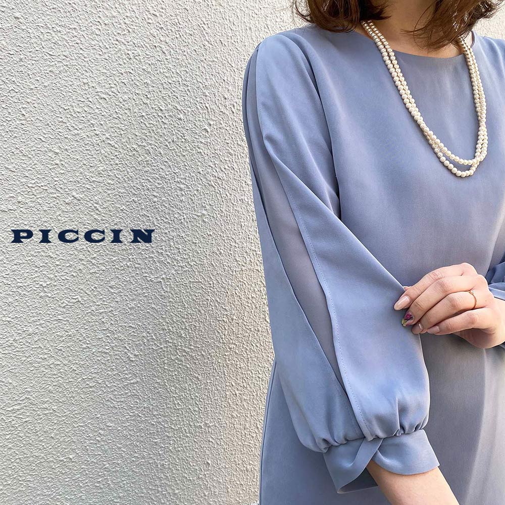 《16日(木)01：59まで》[クーポン利用→10890円]PICCIN レイヤースリーブワンピース ワンピース レディース 春 秋 締め付け感のないシルエット 柔らか 裏地付き クルーネック 後ろファスナー ブルー ネイビー 七五三 お宮参り オケージョン M L きれいめ PICCIN ピッチン