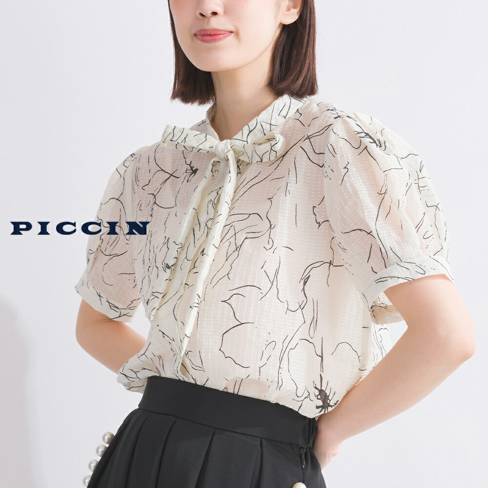 PICCIN シアープリントリボンタイブラウス リボンタイブラウス ブラウス レディース オフホワイト サックスブルー Mサイズ スタンドカラー ボウタイ 半袖 ショート丈 前開き プリント シアー