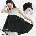 PICCIN PERLA プリーツ切り替えノースリーブブラウス レディース トップス ブラウス バンドカラー プリーツ 刺繍 ハート ホワイト ブラック