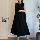 Lo-Fi リネンライクかのこワンピース レディース ワンピース ロング フレンチスリーブ 後ろボタン 接触冷感 ブルー ブラック